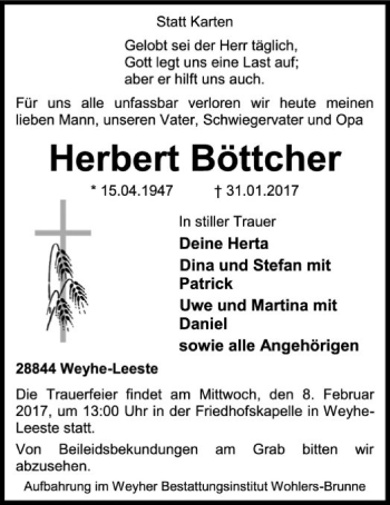 Traueranzeige von Herbert Böttcher von SYK