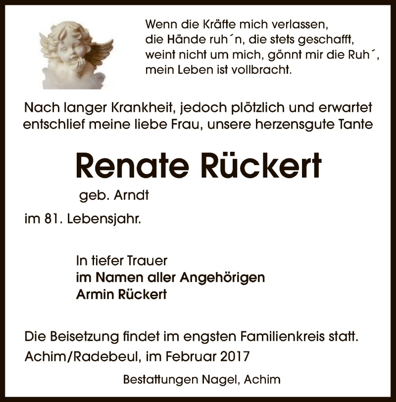  Traueranzeige für Renate Rückert vom 08.02.2017 aus SYK