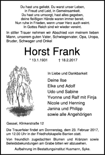 Traueranzeige von Horst Frank von SYK