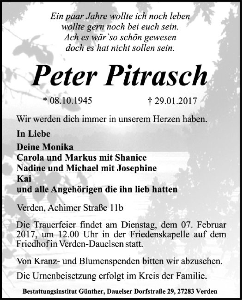  Traueranzeige für Peter Pitrasch vom 01.02.2017 aus SYK