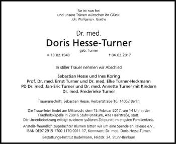 Traueranzeige von Doris Hesse-Turner von SYK