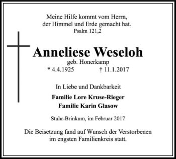 Traueranzeige von Anneliese Weseloh von SYK