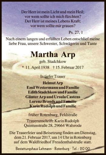 Traueranzeige von Martha Arp von SYK