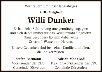 Traueranzeige von Willi Dunker von SYK