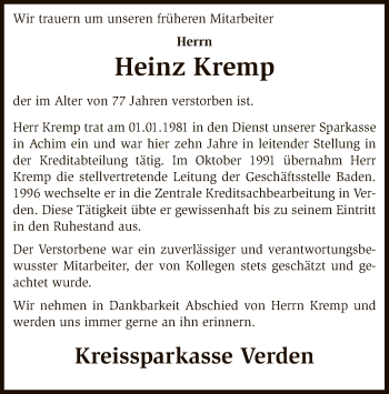 Traueranzeige von Heinz Kremp von SYK