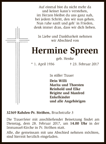 Traueranzeige von Hermine Spreen von SYK