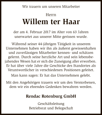 Traueranzeige von Willem ter Haar von SYK