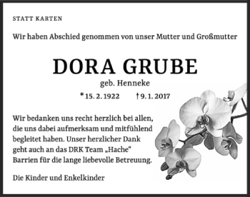 Traueranzeige von Dora Grube von SYK