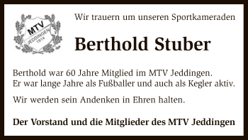 Traueranzeige von Berthold Stuber von SYK