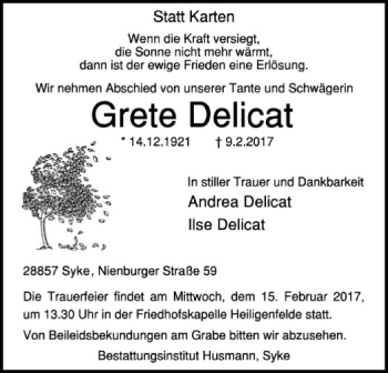 Traueranzeige von Grete Delicat von SYK
