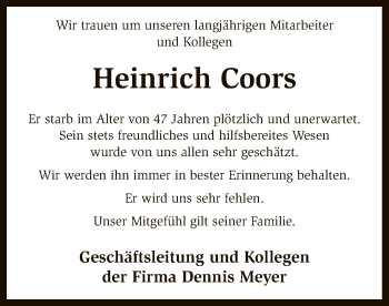 Traueranzeige von Heinrich Coors von SYK