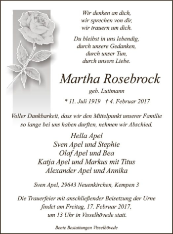 Traueranzeige von Martha Rosebrock von SYK