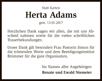 Traueranzeige von Herta Adams von SYK