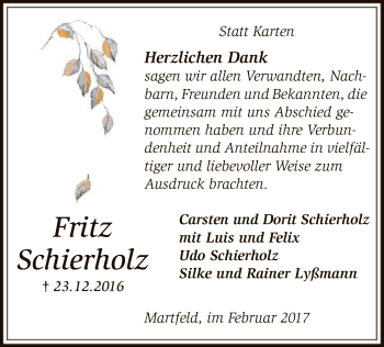 Traueranzeige von Fritz Schierholz von SYK