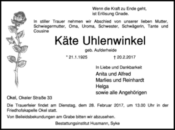 Traueranzeige von Käte Uhlenwinkel von SYK