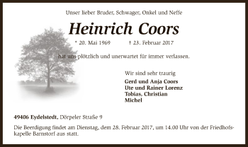 Traueranzeige von Heinrich Coors von SYK