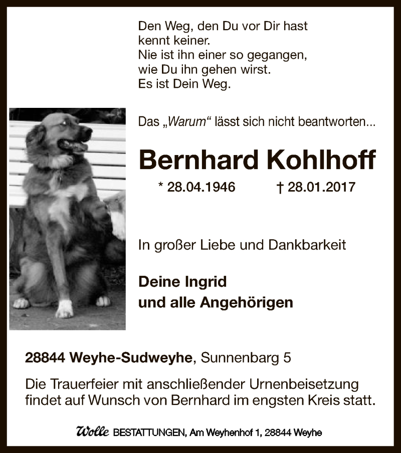 Traueranzeige für Bernhard Kohlhoff vom 01.02.2017 aus SYK
