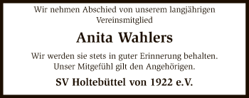 Traueranzeige von Anita Wahlers von SYK