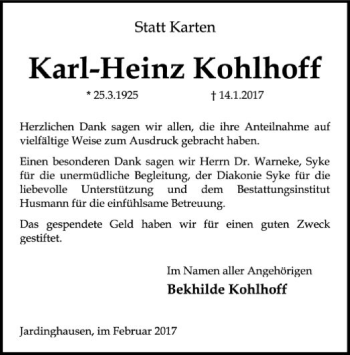 Traueranzeige von Karl-Heinz Kohlhoff von SYK