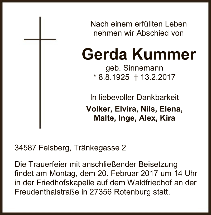  Traueranzeige für Gerda Kummer vom 17.02.2017 aus SYK