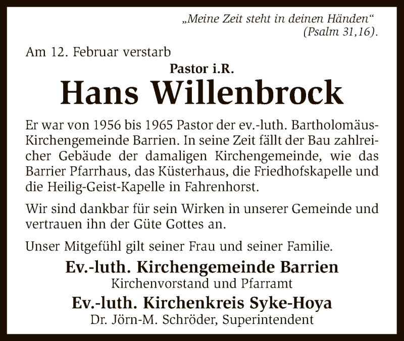  Traueranzeige für Hans Willenbrock vom 18.02.2017 aus SYK
