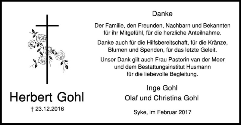  Traueranzeige für Herbert Gohl vom 04.02.2017 aus SYK