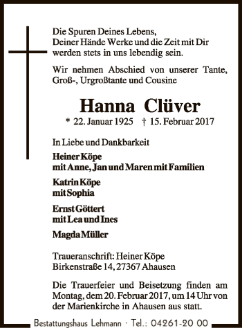 Traueranzeige von Hanna Clüver von SYK