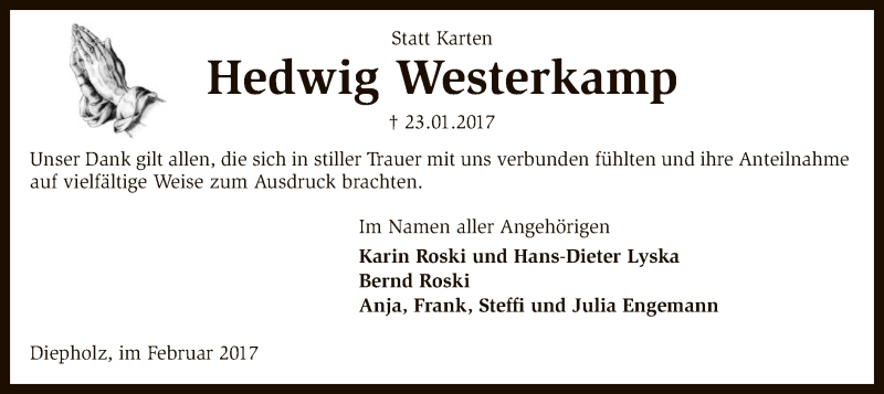  Traueranzeige für Hedwig Westerkamp vom 18.02.2017 aus SYK