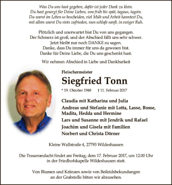 Traueranzeige von Siegfried Tonn von SYK
