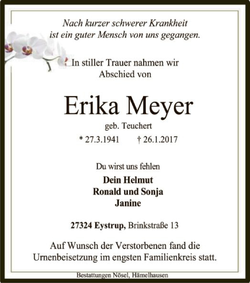 Traueranzeigen von Erika Meyer | trauer.kreiszeitung.de