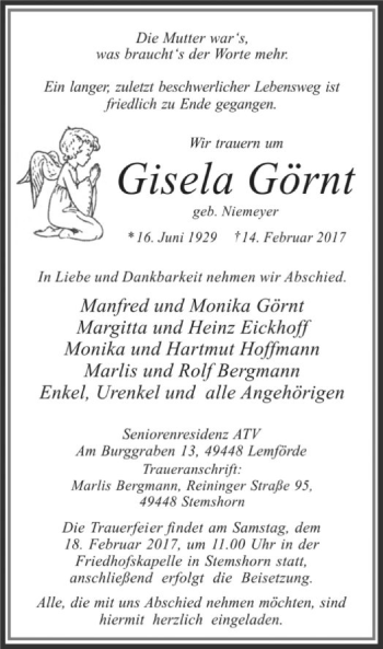 Traueranzeige von Gisela Görnt von SYK