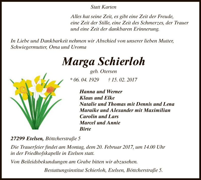  Traueranzeige für Marga Schierloh vom 17.02.2017 aus SYK
