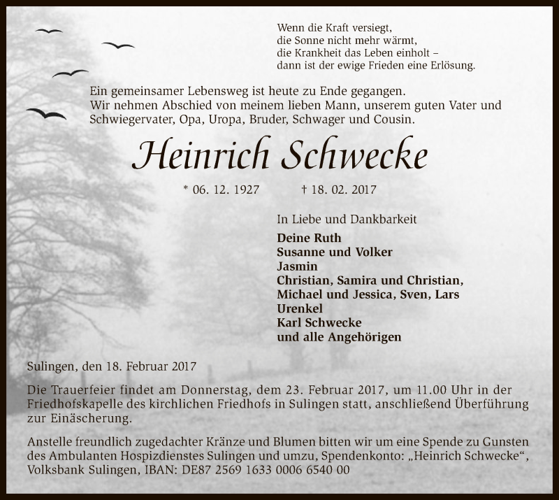  Traueranzeige für Heinrich Schwecke vom 21.02.2017 aus SYK
