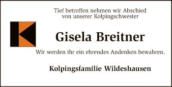 Traueranzeige von Gisela  Breitner von SYK