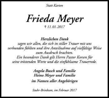 Traueranzeige von Frieda Meyer von SYK