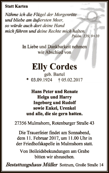 Traueranzeige von Elly Cordes von SYK