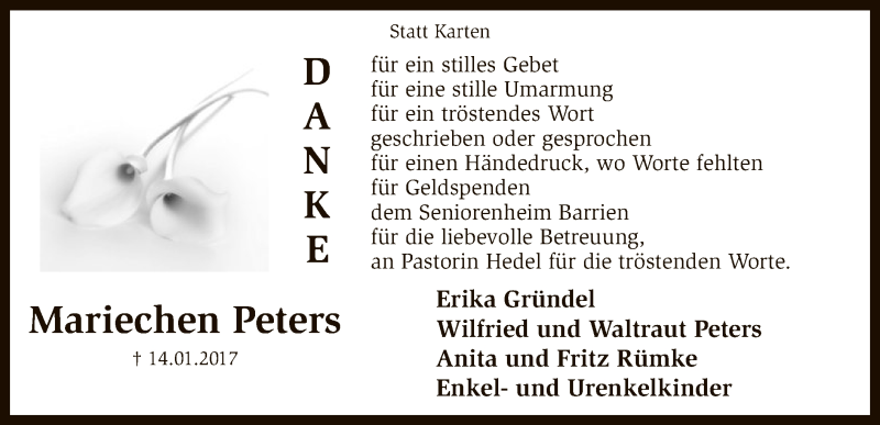 Traueranzeige für Mariechen Peters vom 24.02.2017 aus SYK