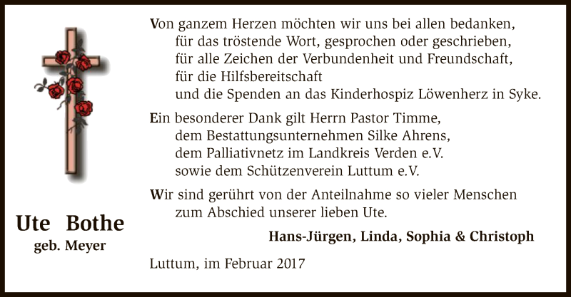  Traueranzeige für Ute Bothe vom 04.02.2017 aus SYK