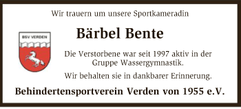 Traueranzeige von Bärbel Bente von SYK