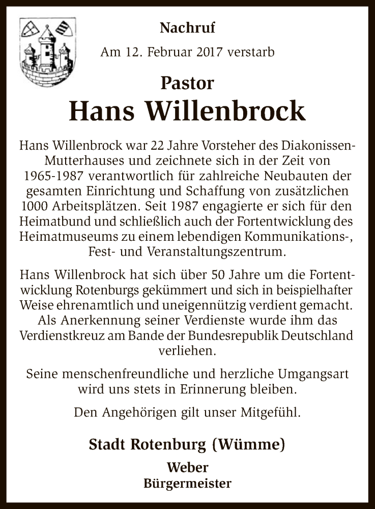  Traueranzeige für Hans Willenbrock vom 16.02.2017 aus SYK