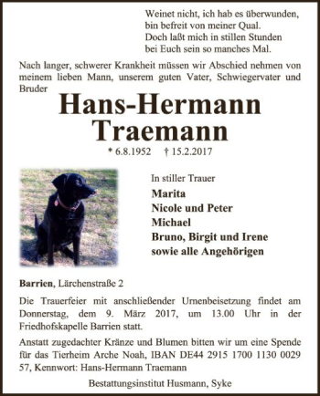 Traueranzeige von Hans-Hermann Traemann von SYK
