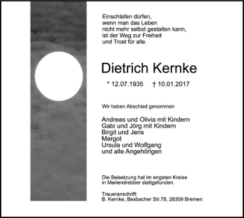 Traueranzeige von Dietrich Kernke von SYK