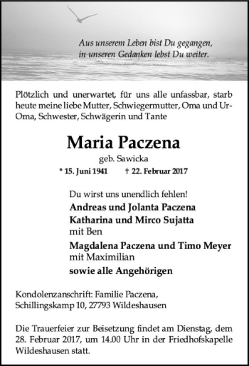 Traueranzeige von Maria Paczena von SYK