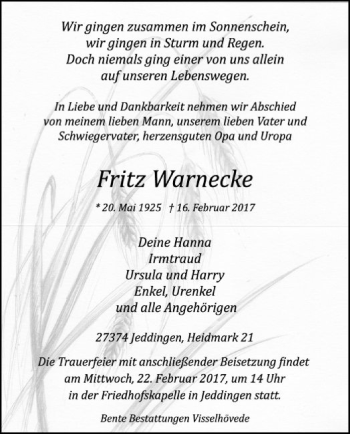 Traueranzeige von Fritz Warnecke von SYK