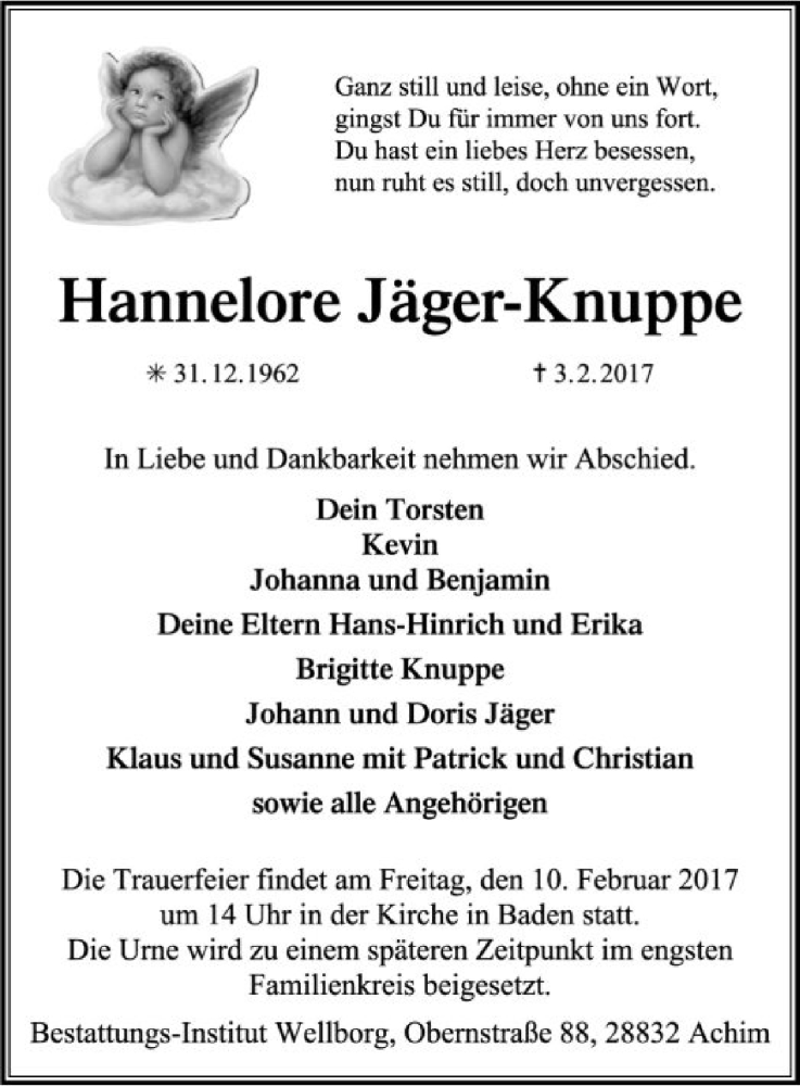 Traueranzeige für Hannelore Jäger-Knuppe vom 08.02.2017 aus SYK