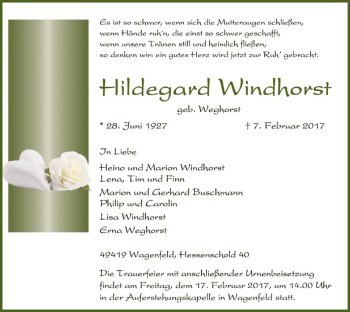 Traueranzeige von Hildegard Windhorst von SYK