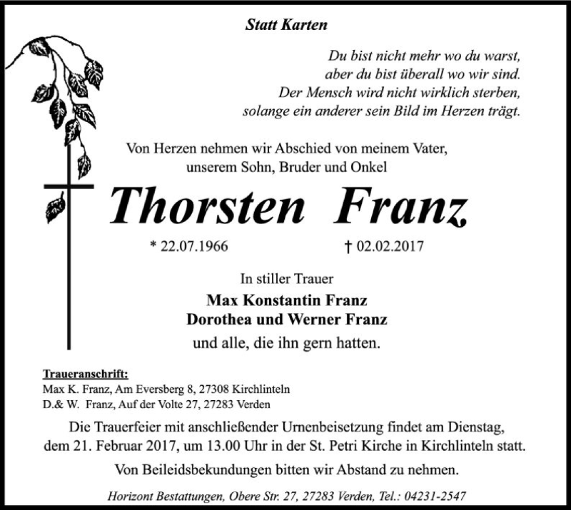  Traueranzeige für Thorsten Franz vom 16.02.2017 aus SYK