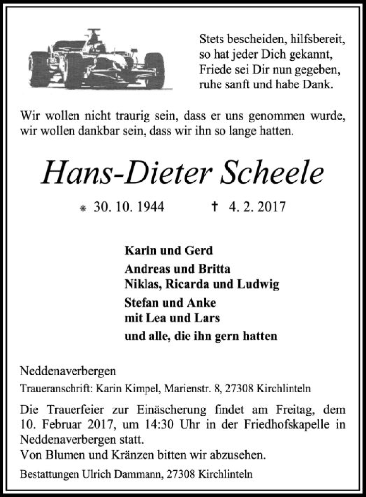  Traueranzeige für Hans-Dieter Scheele vom 07.02.2017 aus SYK