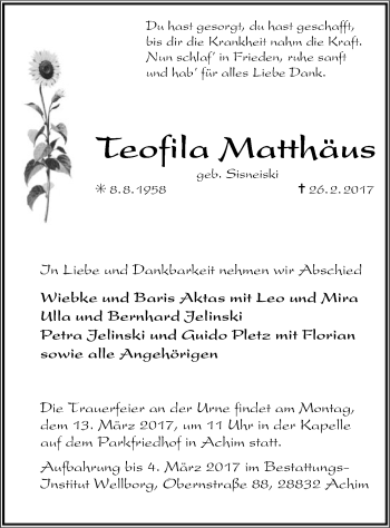 Traueranzeige von Teofila Matthäus von SYK