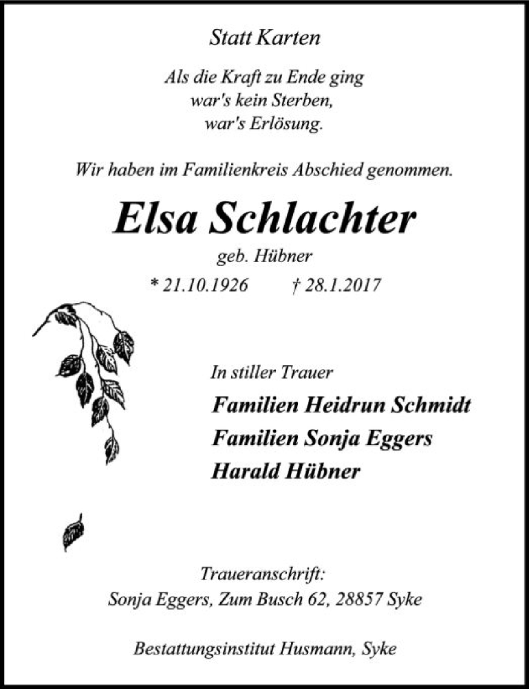  Traueranzeige für Elsa Schlachter vom 11.02.2017 aus SYK